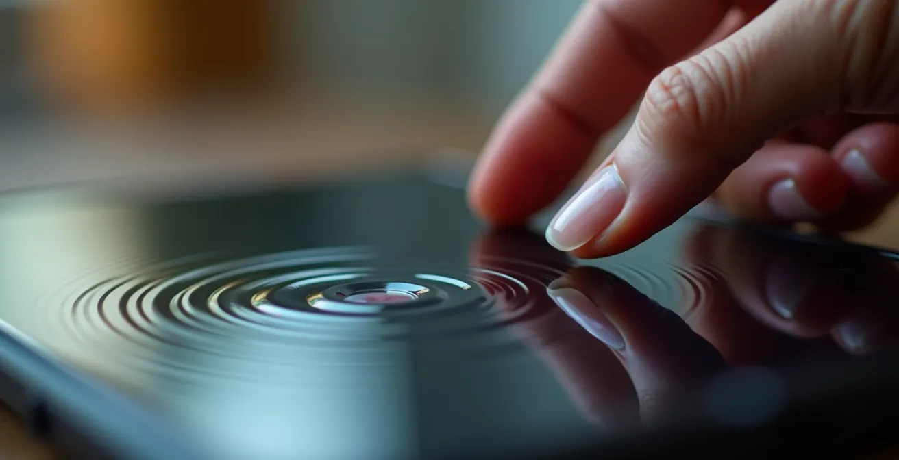 Gros plan sur des doigts effleurant l'écran d'un smartphone avec effet lumineux