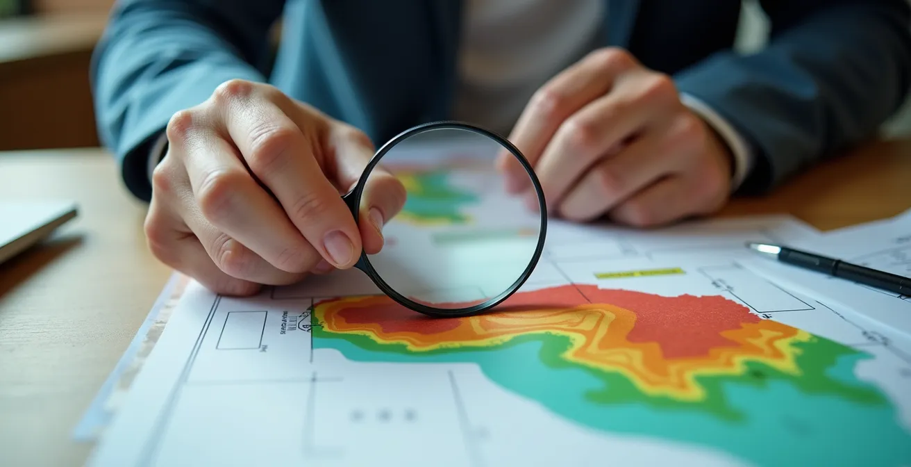 Mains d'expert analysant une carte topographique avec des zones colorées représentant différents niveaux de risque