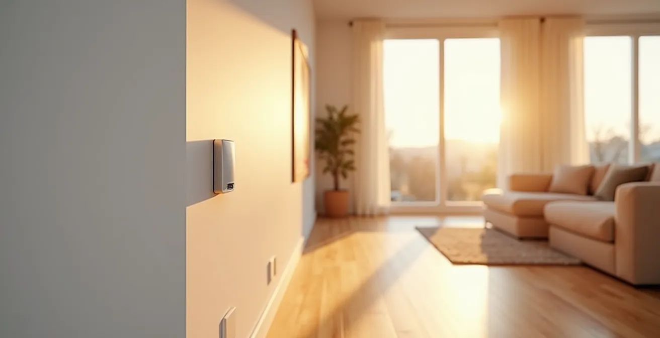 Vue large d'un salon moderne épuré avec capteurs discrets intégrés