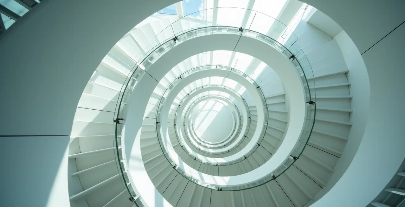 Escalier moderne en spirale vue du dessus symbolisant la croissance progressive de l'entreprise