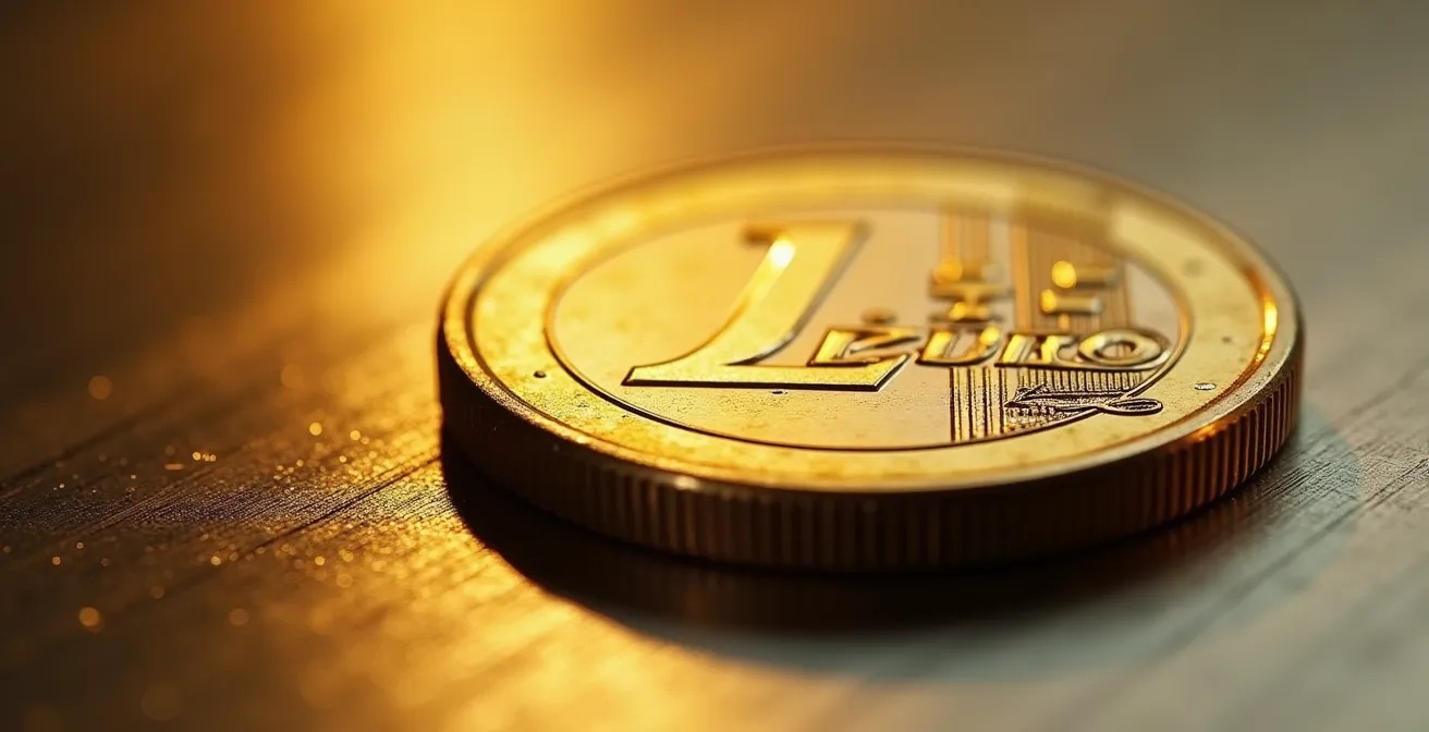 Détail macro d'une pièce d'euro posée sur une surface métallique texturée avec reflets dorés