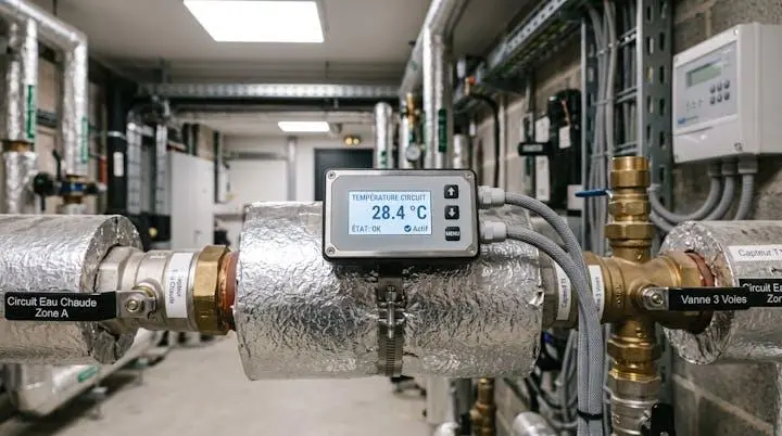 Capteur numérique de température installé sur une canalisation de chauffage dans un local technique, affichant une mesure en temps réel avec connexion au système de supervision GTB