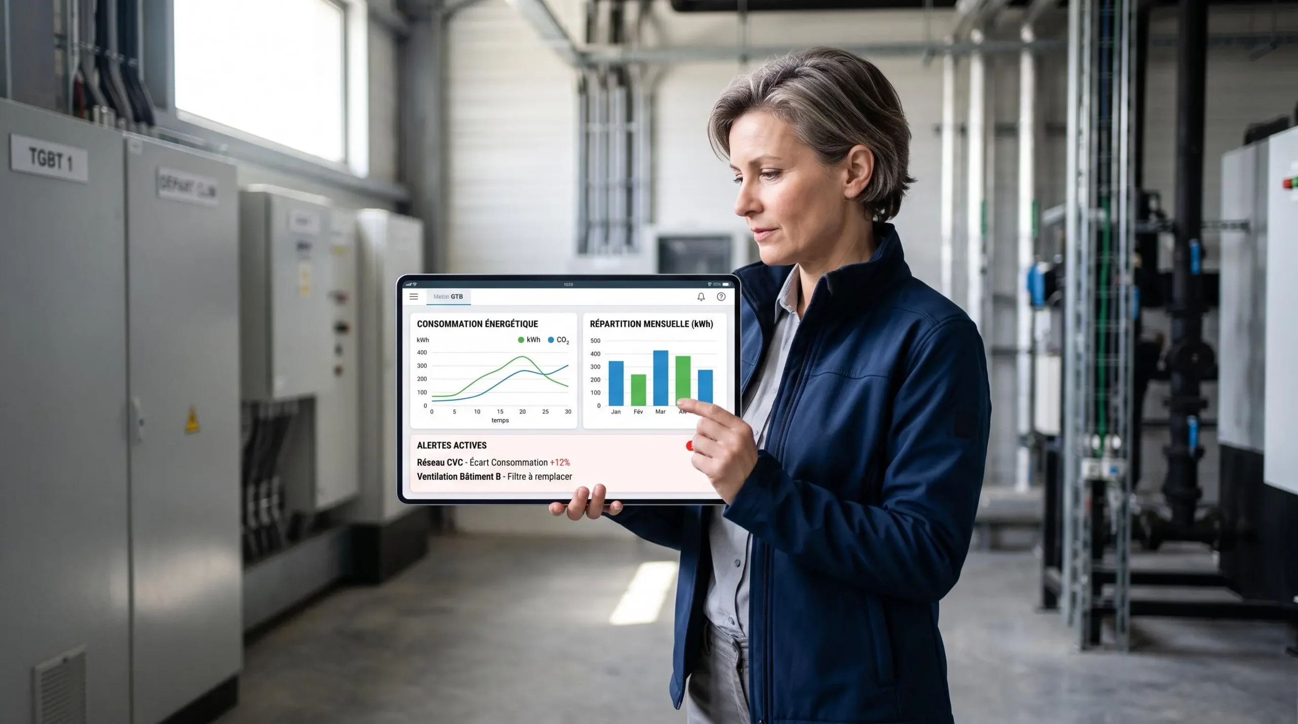Responsable technique analysant les courbes de consommation énergétique d'un bâtiment sur une tablette affichant l'interface de supervision GTB avec graphiques et alertes en temps réel